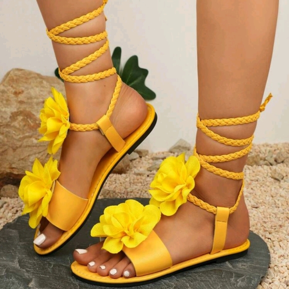 3D Floral Summer Women Roman Tie-Up Sandals - Picture 4 of 6